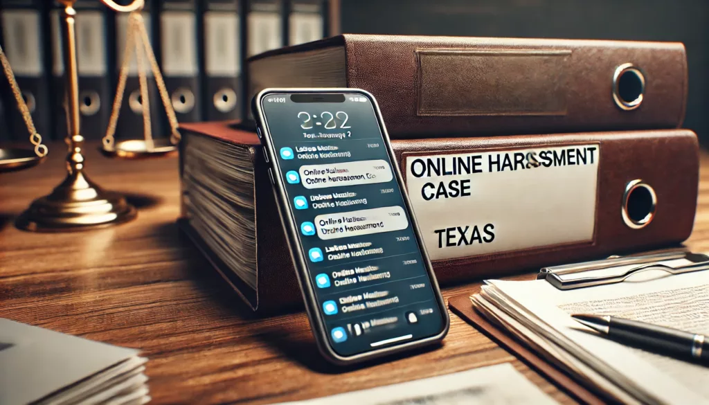 A desk with a smartphone showing messages and a case file labeled “Online Harassment,” symbolizing cyberstalking and online threat laws in Texas.