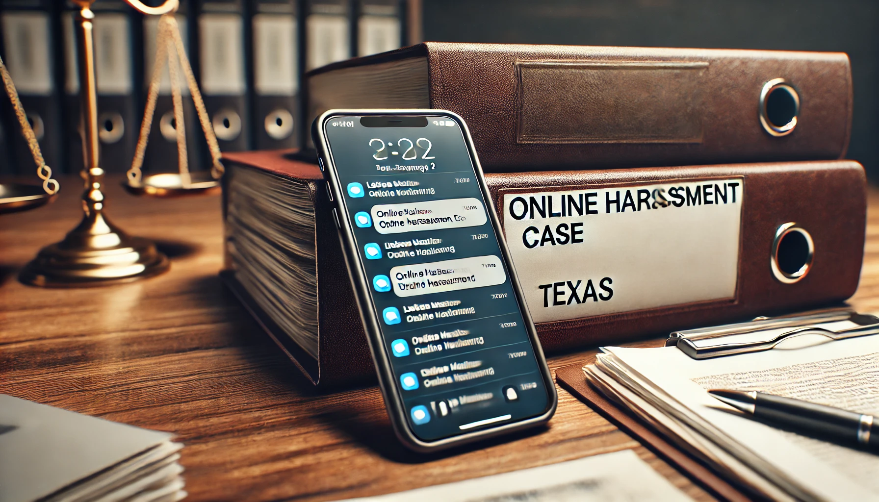 A desk with a smartphone showing messages and a case file labeled &ldquo;Online Harassment,&rdquo; symbolizing cyberstalking and online threat laws in Texas.