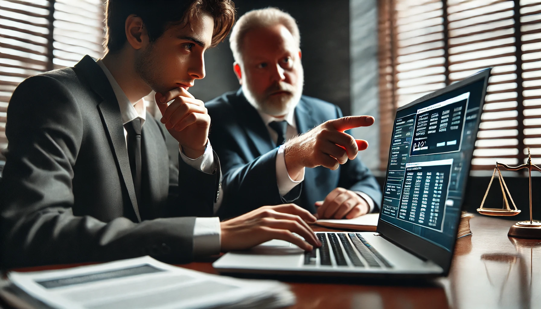 A defense attorney and client reviewing digital evidence on a laptop, symbolizing internet fraud defense strategy in Texas.