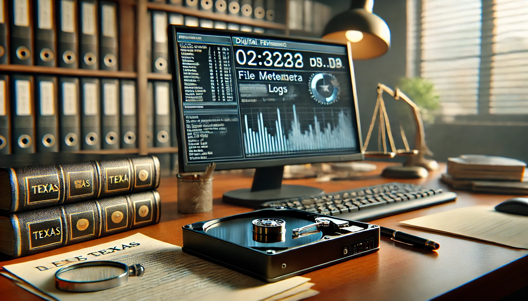 A close-up of a forensic workstation with a hard drive, legal documents, and a screen displaying file metadata, symbolizing digital evidence in Texas cybercrime cases.
