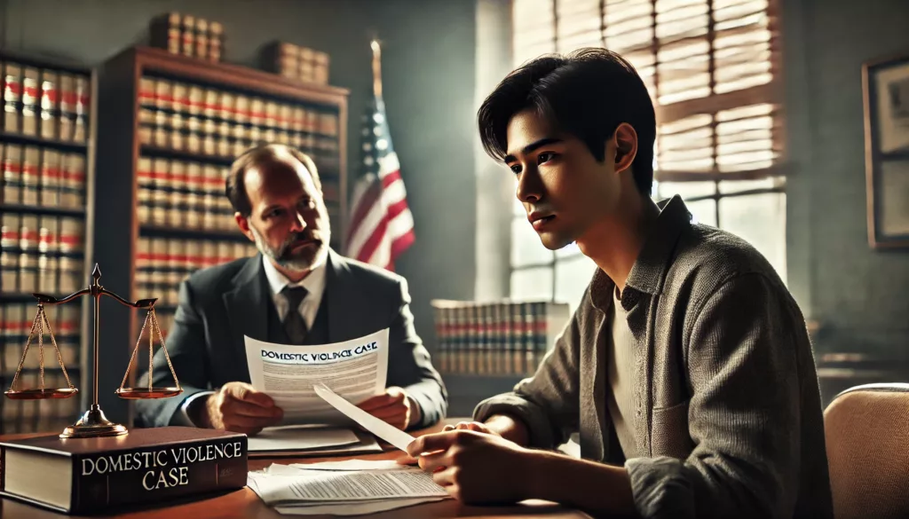 A non-U.S. citizen in a legal consultation setting, reviewing domestic violence charges and immigration documents with their attorney, emphasizing the risk of deportation.