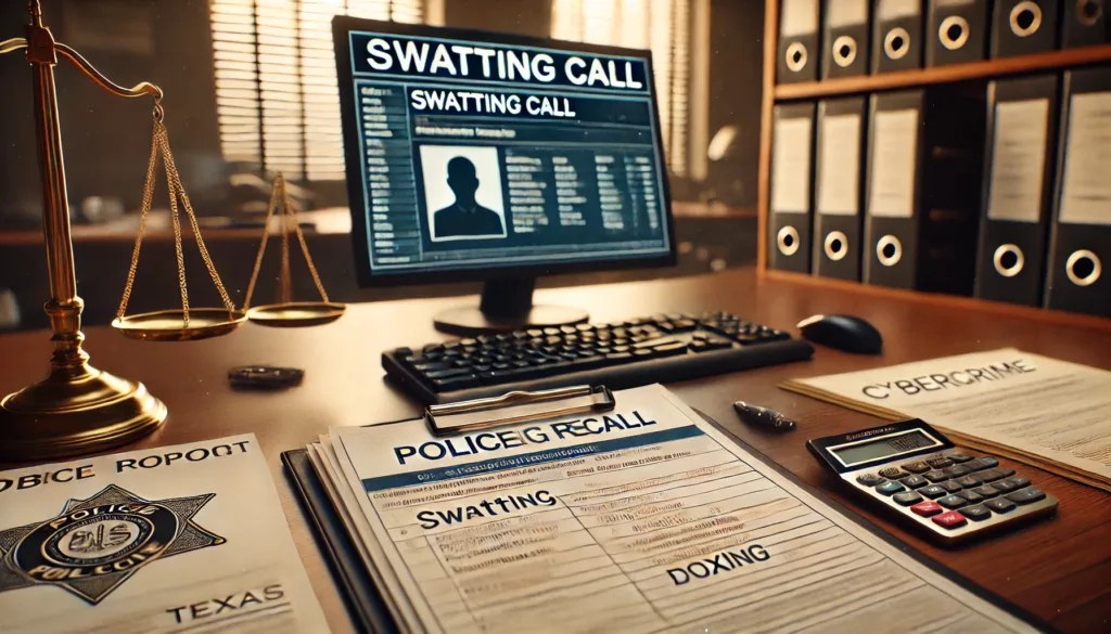 A law office desk with a police report labeled “Swatting Call” and a computer screen displaying personal info, symbolizing criminal prosecution for doxing and swatting in Texas.