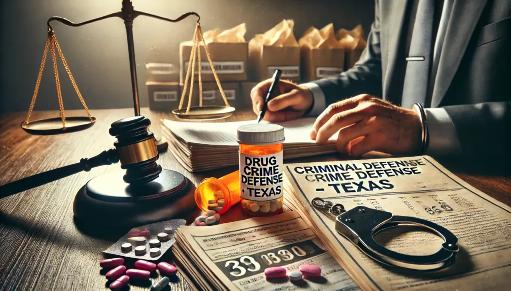 Courtroom desk with legal documents, handcuffs, and evidence bags representing comprehensive drug crime defense in Texas.