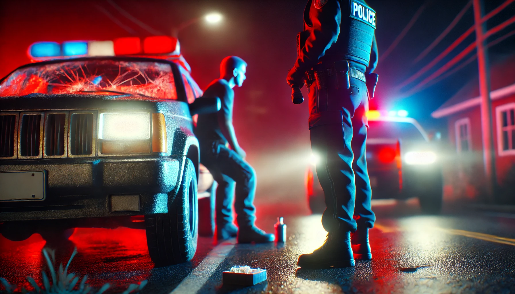 A police officer conducting a traffic stop at night, with a vehicle pulled over and emergency lights illuminating the scene, symbolizing the initiation of a drug crime investigation.