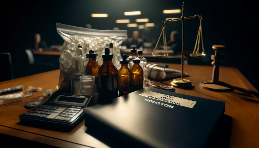 Chemicals, lab equipment, and evidence bags on a courtroom table, representing drug manufacturing charges in Houston, Texas