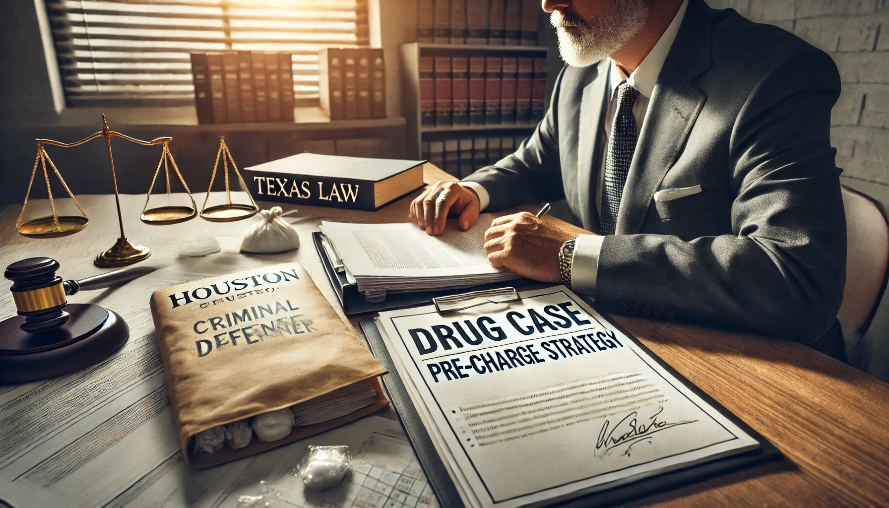 A Houston criminal defense attorney reviewing case documents early in the investigation, symbolizing proactive legal intervention in drug cases.