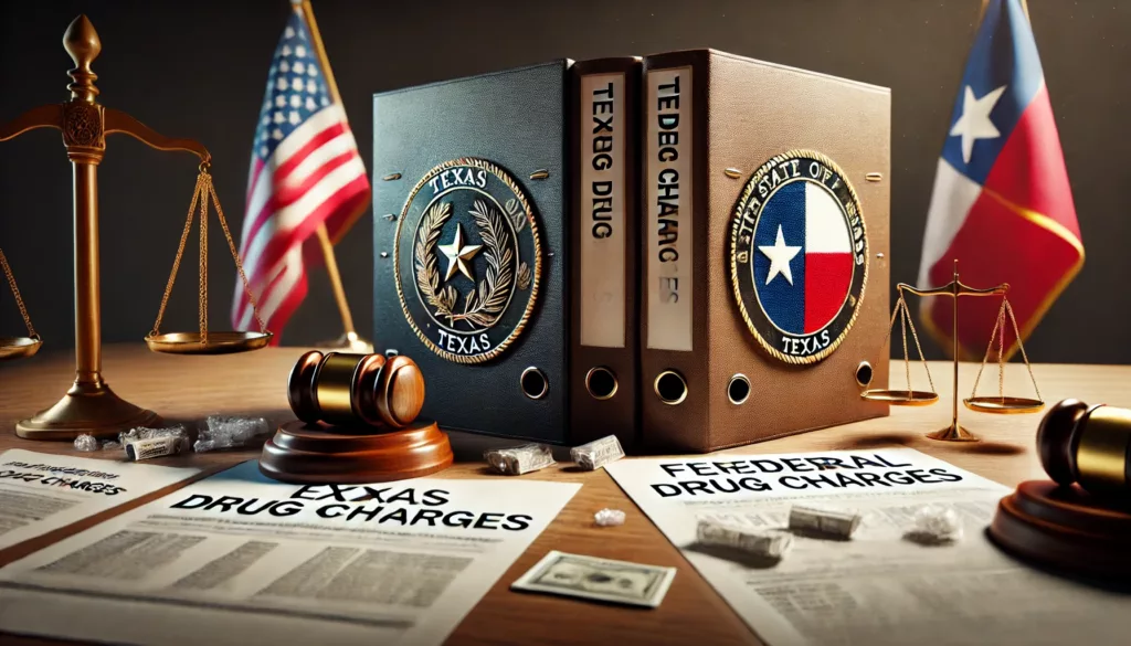 Courtroom desk split between Texas and U.S. legal folders, showing how drug cases shift between state and federal court systems