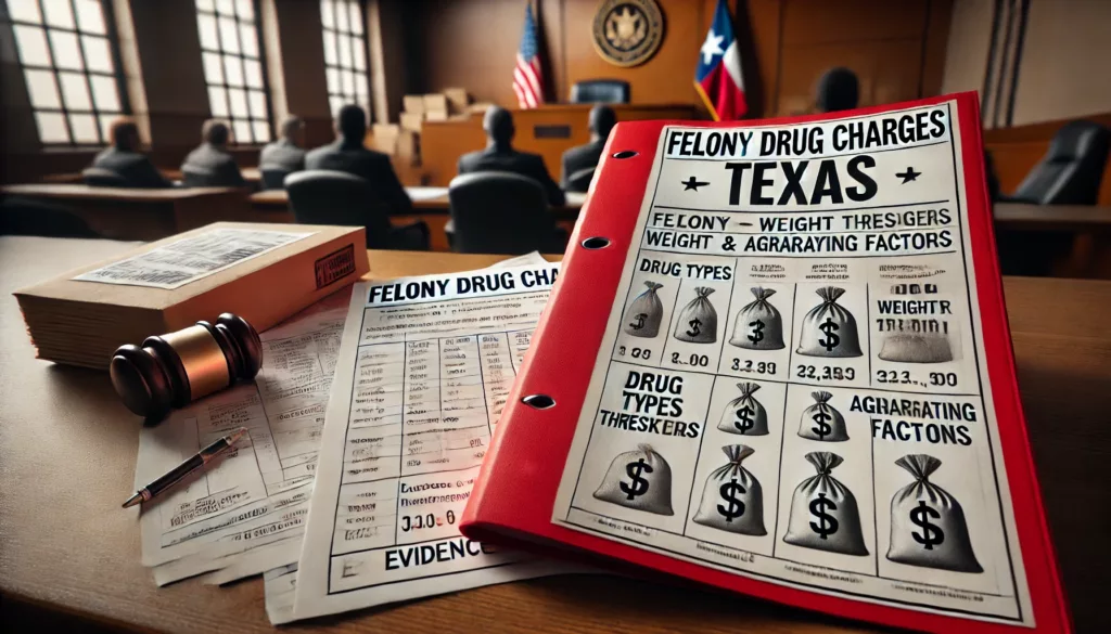 Courtroom desk with felony case folder and printed charts showing drug types, weights, and aggravating factors under Texas law