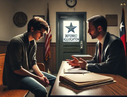 Young man consulting with attorney in a courtroom setting, discussing deferred adjudication options for first-time drug offenders, with a "Deferred Adjudication" sign visible in the background.