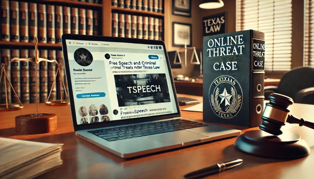 A split image of a social media post and a legal file labeled “Online Threat Case,” symbolizing the line between free speech and criminal charges in Texas.