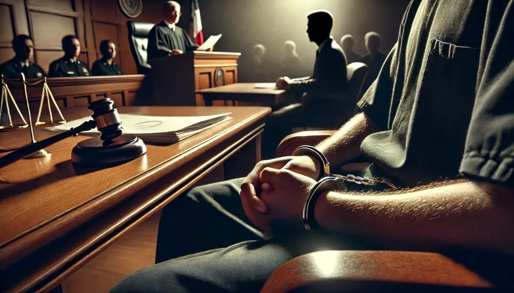 Photo of a defendant in a Texas courtroom facing habitual offender sentencing in a drug case, with handcuffs and courtroom scene emphasizing the need for an attorney near you.