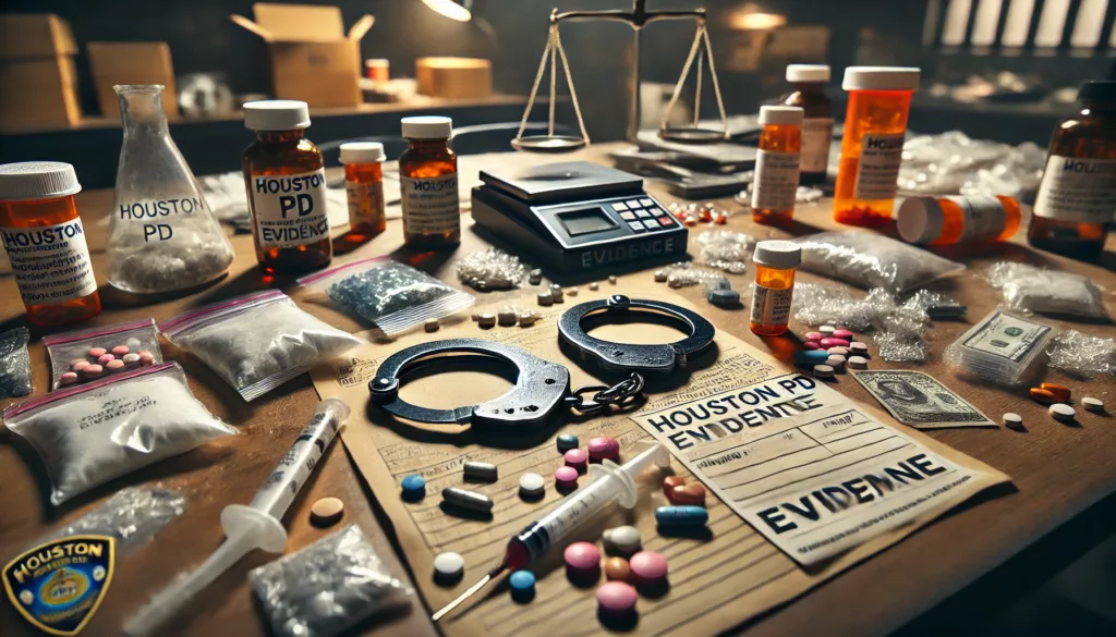 A group of items on a table including drugs on the table and in pill bottles showing common drugs charges.