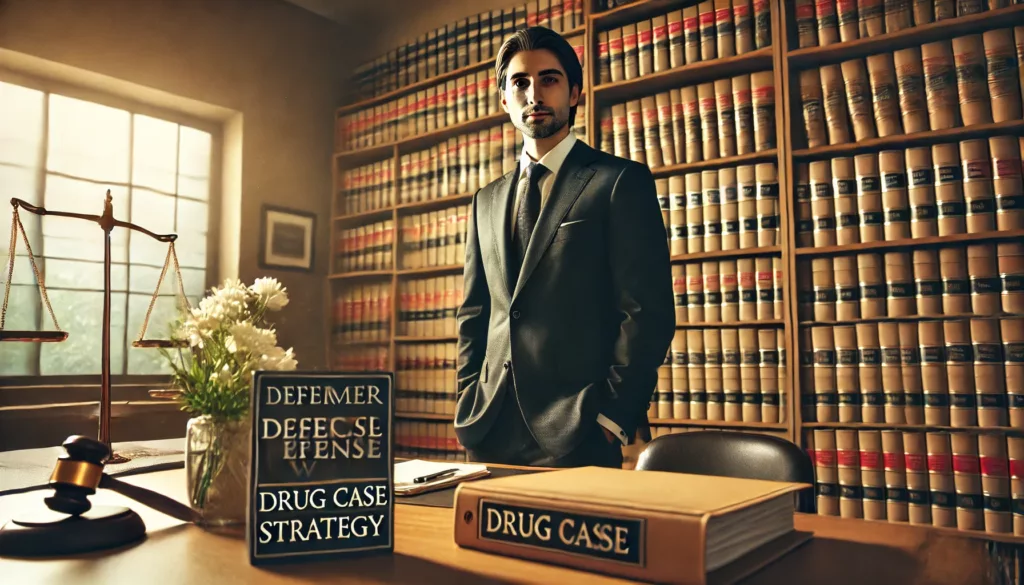 A confident Houston criminal defense attorney standing in front of law books, symbolizing experience as a former prosecutor now defending drug charges.