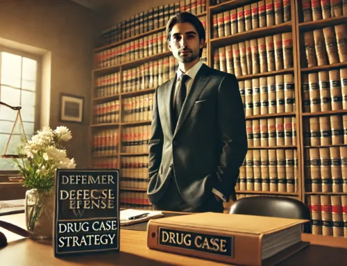 Professional drug crime attorney in suit standing by legal books and case files, emphasizing defense strategy and expertise in drug cases.