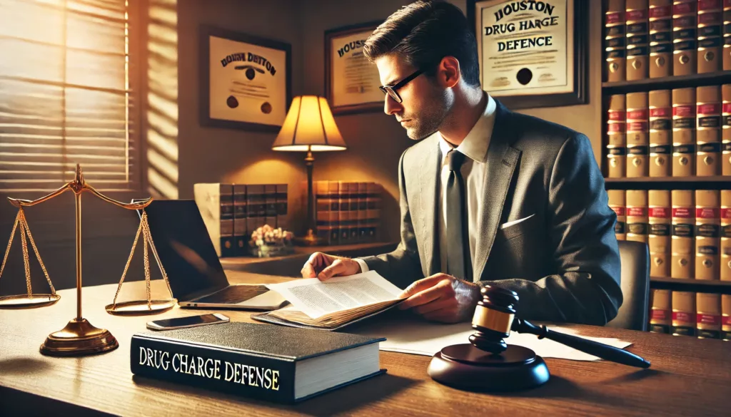 A defense attorney at work in a Houston law office preparing a case file labeled “Drug Charge Defense,” symbolizing the day-to-day role of a drug crime lawyer.