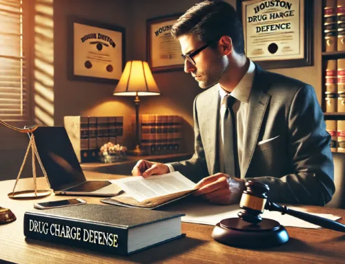 Lawyer reviewing legal documents on drug charge defense, with a gavel and law books on a desk, in a professional office setting.