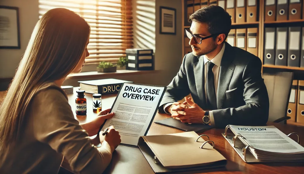A client and a Houston defense attorney sitting at a conference table reviewing documents during a first legal consultation for a drug case.