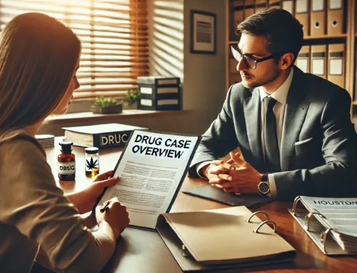 Client consultation with Houston drug lawyer discussing drug case overview, legal documents, and attorney-client relationship.