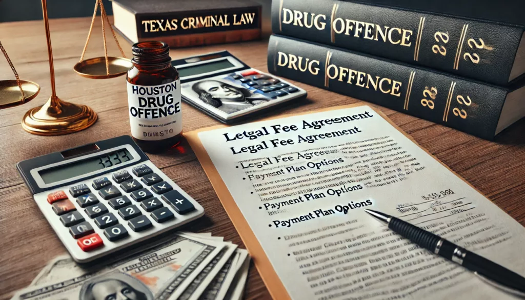 A Houston defense attorney’s desk showing a legal fee agreement, payment plan paperwork, and a case file labeled "Drug Offense," symbolizing the cost of hiring a private lawyer.
