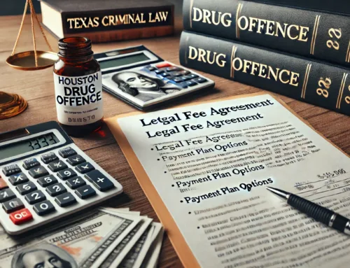 Legal fee agreement document with payment plan options, calculator, cash, and drug offense law books, symbolizing costs associated with hiring a drug crime attorney in Houston.