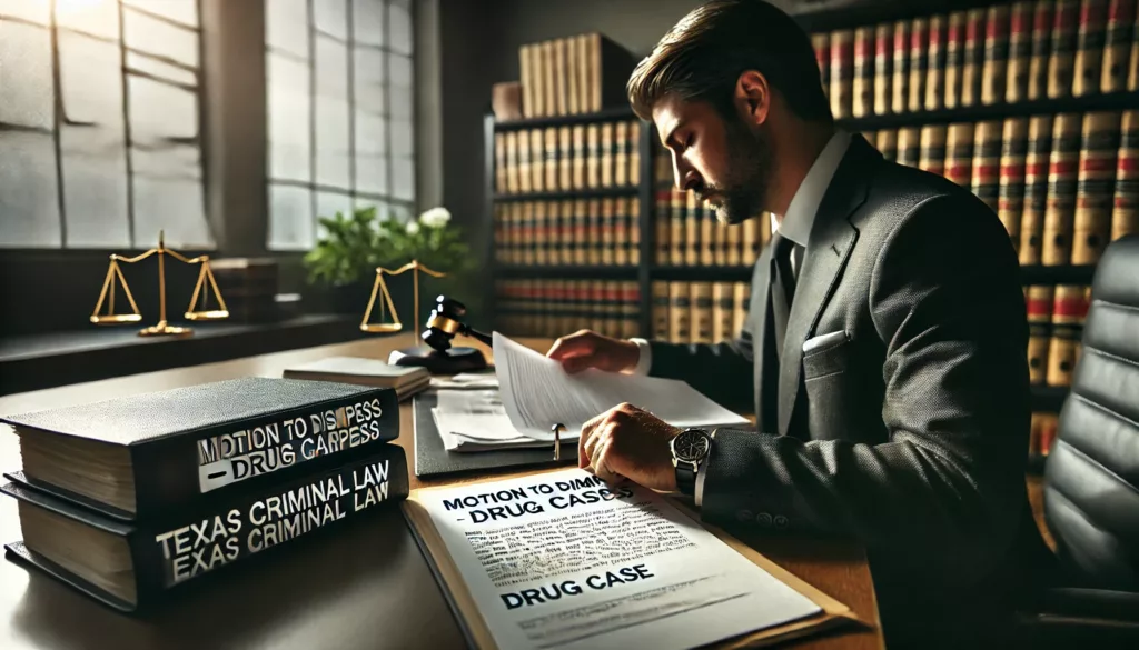 A Houston defense attorney reviewing a motion to dismiss in a drug case, symbolizing how legal strategy can reduce or eliminate criminal charges.