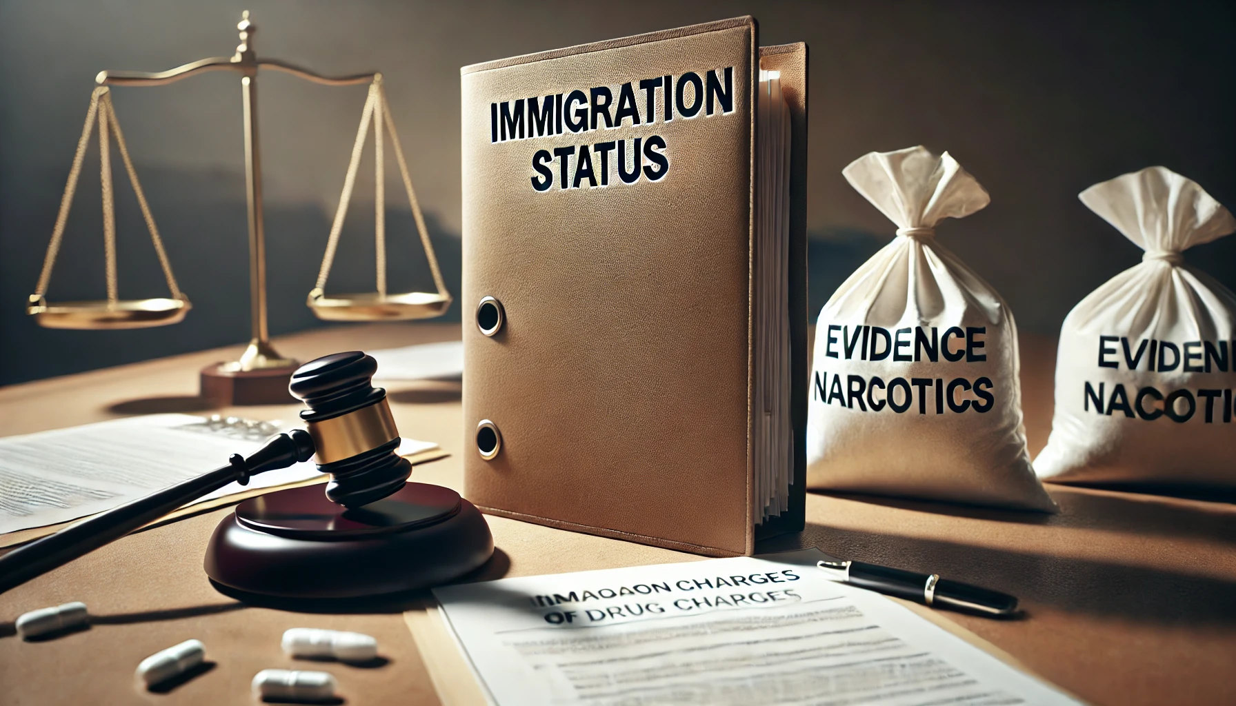 A courtroom desk with a legal folder marked "Immigration Status," alongside legal documents and evidence bags, representing the immigration risks of Texas drug charges