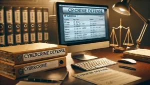A computer screen displaying IP logs next to legal documents in a law office, symbolizing how IP address evidence is challenged in Texas cybercrime defense.