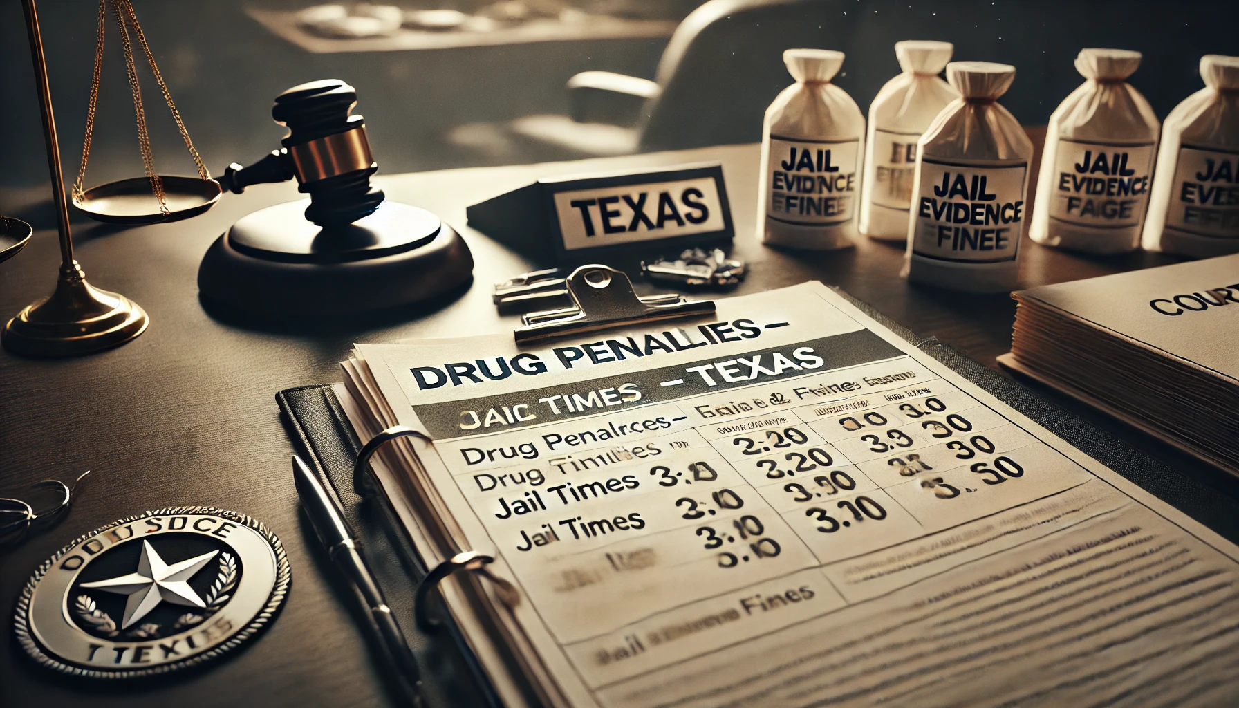 Courtroom desk with sentencing chart, legal folder labeled “Drug Penalties – Texas,” and evidence bags showing the severity of drug crime consequences