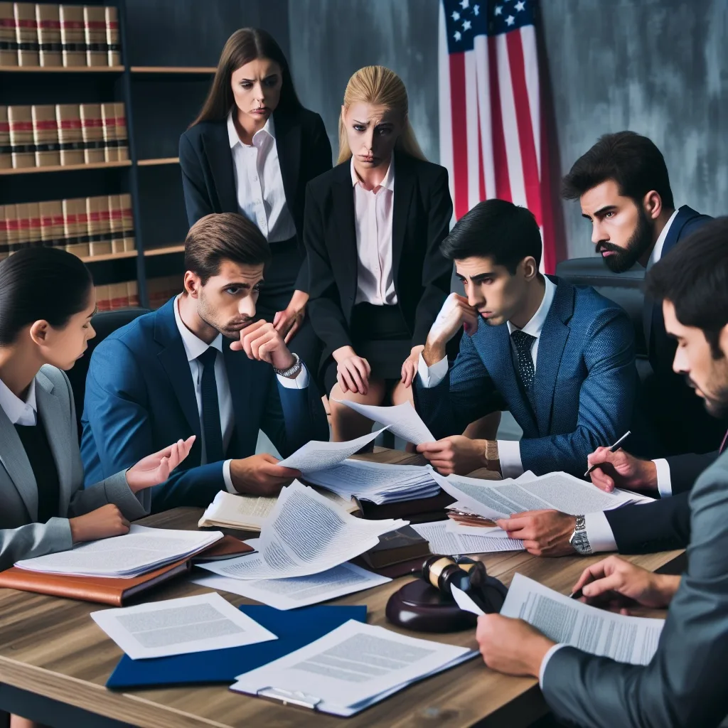 Group of concerned legal professionals discussing immigration law documents, emphasizing the impact of criminal convictions on deportation risks for non-citizens, with an American flag in the background.