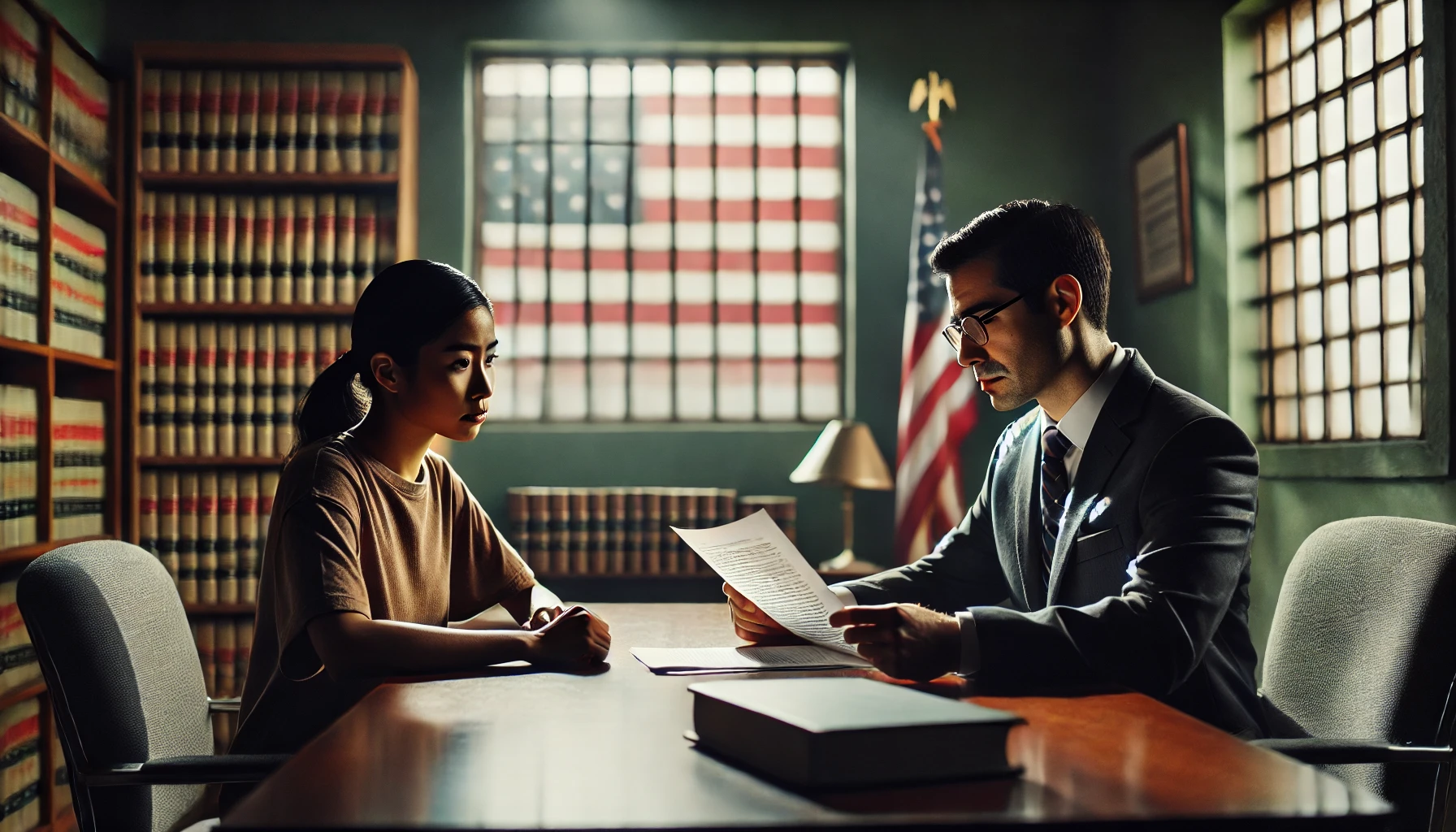 Attorney consulting with a non-citizen client in a law office, discussing legal strategies to mitigate immigration consequences from criminal charges, with law books and an American flag in the background.