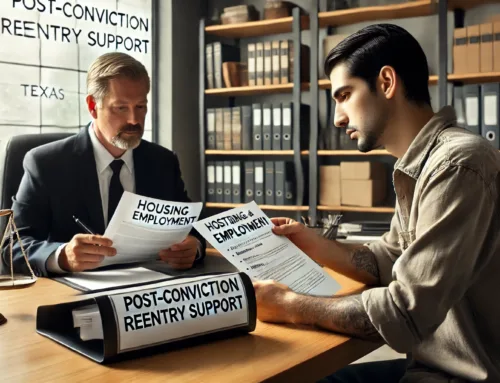 Man consulting with attorney about post-conviction reentry support, discussing housing and employment options after drug conviction in Texas.