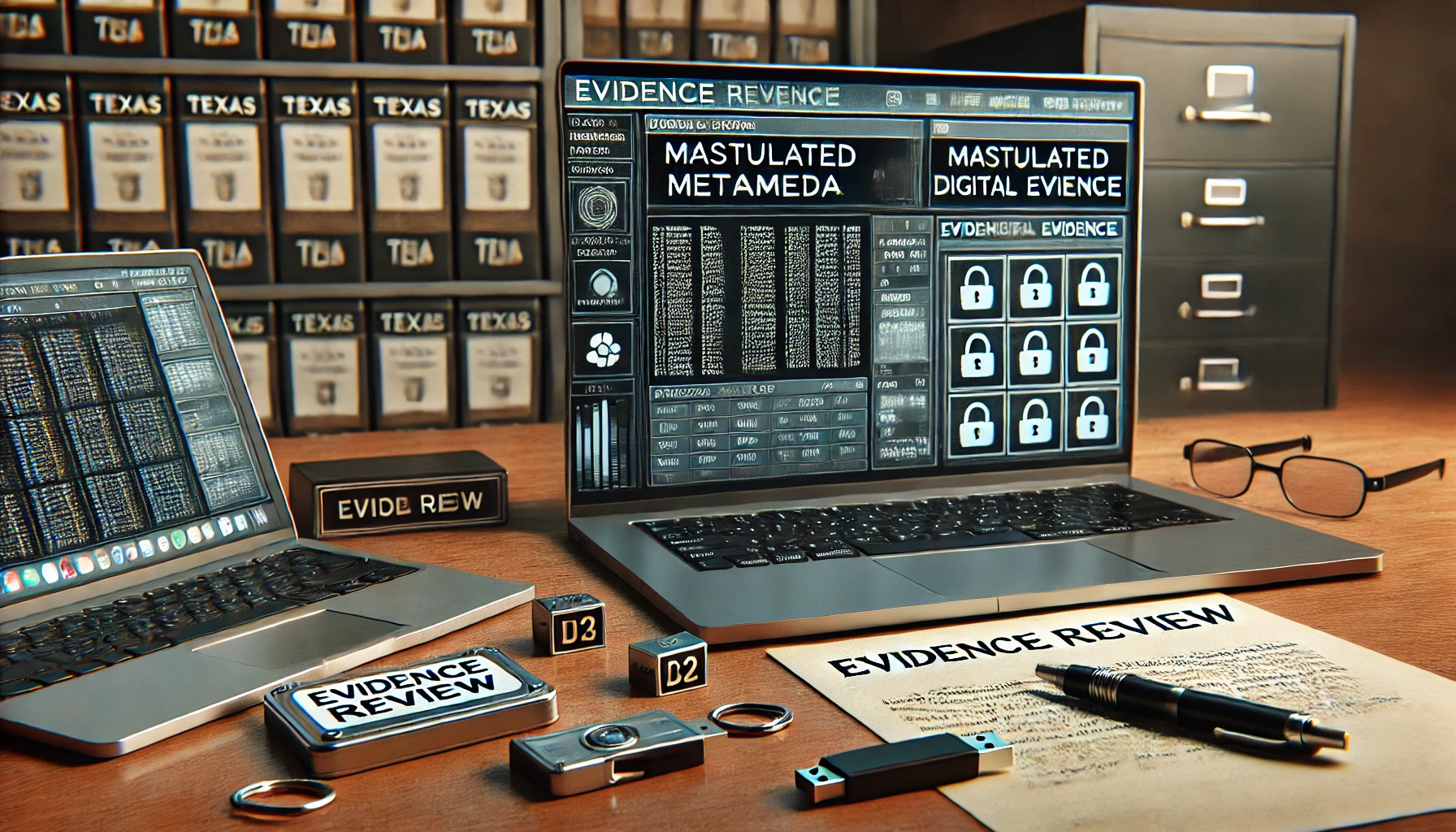 A forensic analysis table with a laptop, USB drive, and a screen showing edited metadata, symbolizing the manipulation of digital evidence in Texas cybercrime defense.