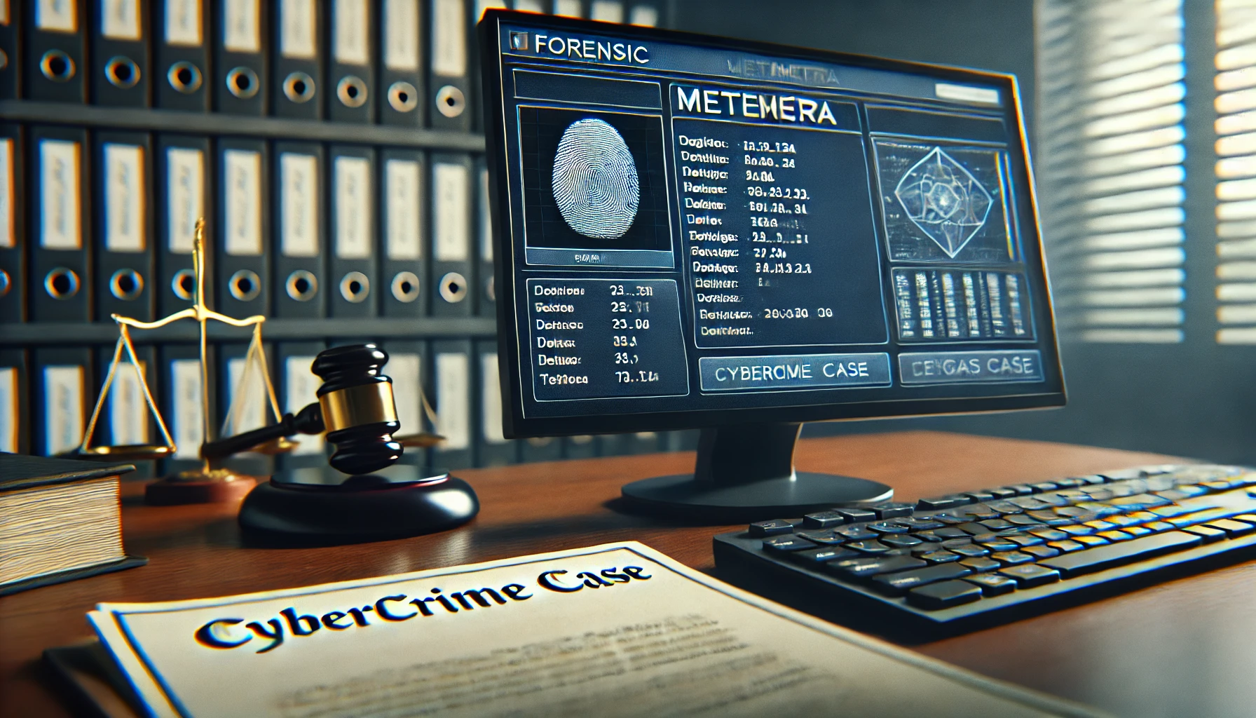 A forensic lab screen showing metadata analysis beside legal documents, symbolizing the role of metadata in Texas digital evidence and cybercrime defense.