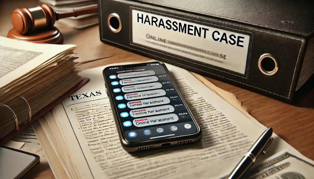 A smartphone screen displaying harassing text messages beside legal documents, symbolizing online harassment charges in Texas.