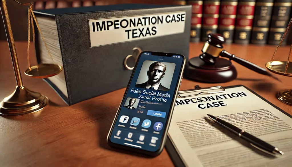 A smartphone showing a fake social media profile beside legal documents and a file labeled “Impersonation Case,” symbolizing online impersonation charges in Texas.