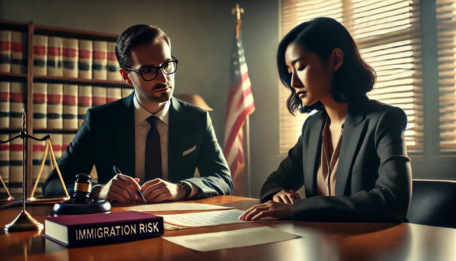 Lawyer discussing immigration risks with a client in a legal office, featuring a gavel and a book titled "Immigration Risk" on the table.