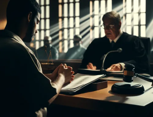 Defendant in courtroom with hands clasped, listening to judge during drug offense sentencing, emphasizing legal consequences for non-citizens.