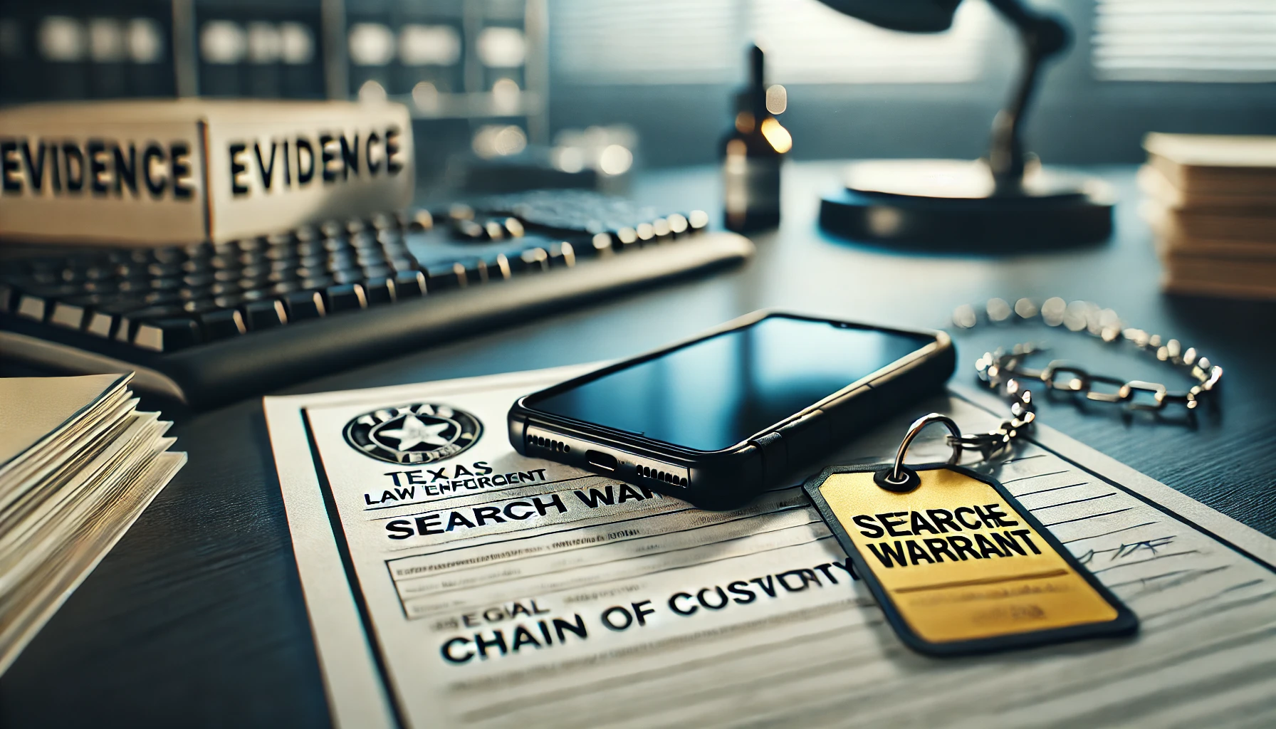 A seized smartphone and legal warrant on a police desk, symbolizing search and seizure procedures for digital devices in Texas cybercrime cases.