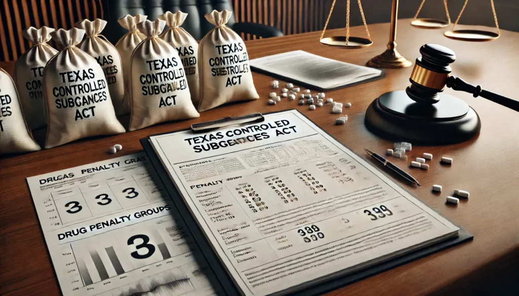 Legal folder labeled “Texas Controlled Substances Act” next to penalty group charts and drug evidence bags on a courtroom desk