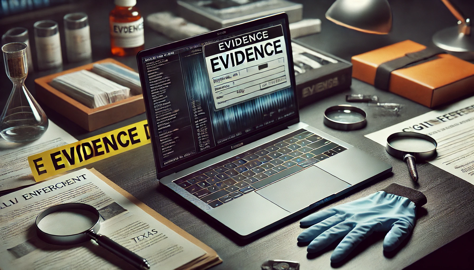 A desk with a seized laptop, evidence tag, and legal documents in a forensic lab, symbolizing how law enforcement examines devices in Texas cybercrime cases.