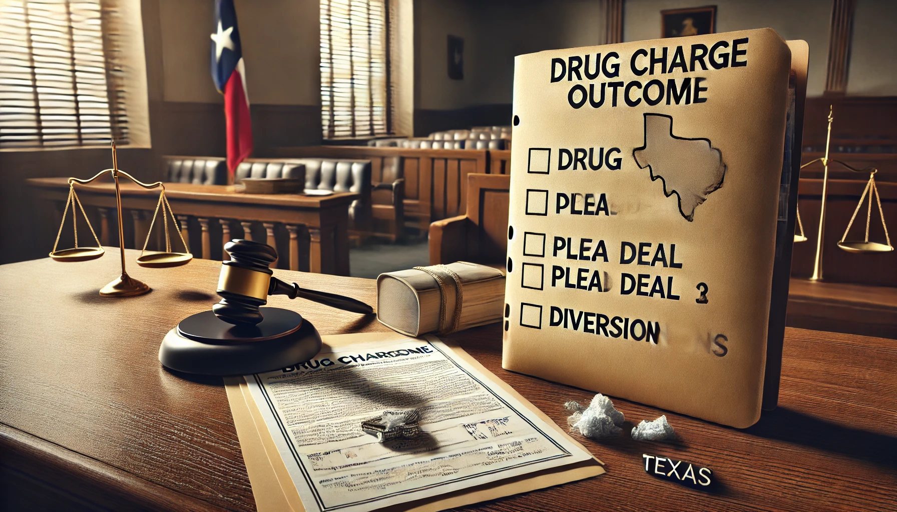 A courtroom file labeled "Drug Charge Outcome" on a judge’s bench, symbolizing different results in Texas drug cases including dismissal, plea, and diversion.