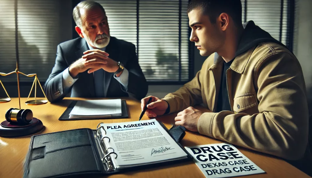 A defense attorney reviewing a plea agreement with a client in a courthouse meeting room, symbolizing plea bargaining in a Texas drug case.