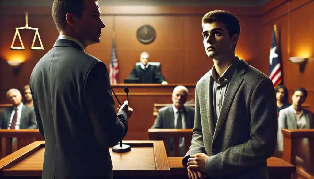 A courtroom scene showing a defense attorney cross-examining a nervous witness, symbolizing a challenge to witness credibility in a Texas drug case.
