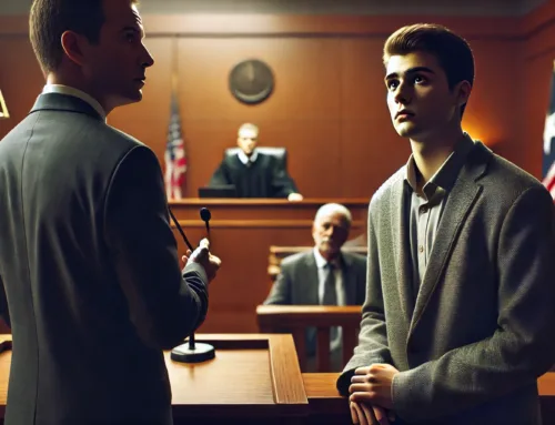 Courtroom scene with a lawyer questioning a young male witness, judge presiding, reflecting on witness credibility in drug crime defense.
