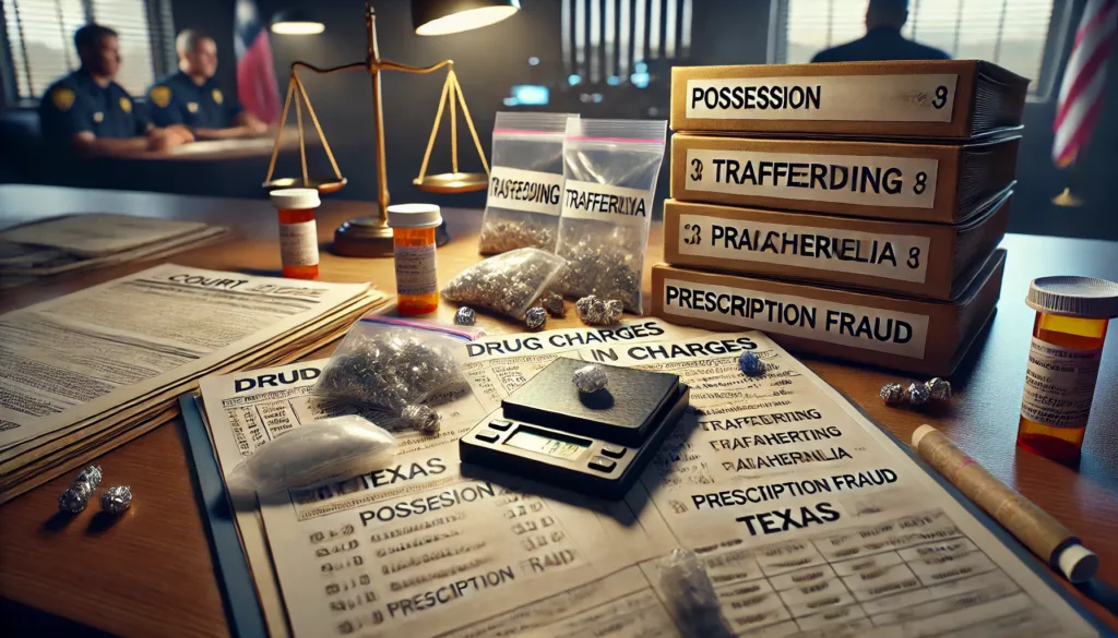 A collection of legal documents and evidence bags representing various drug charges under Texas law.