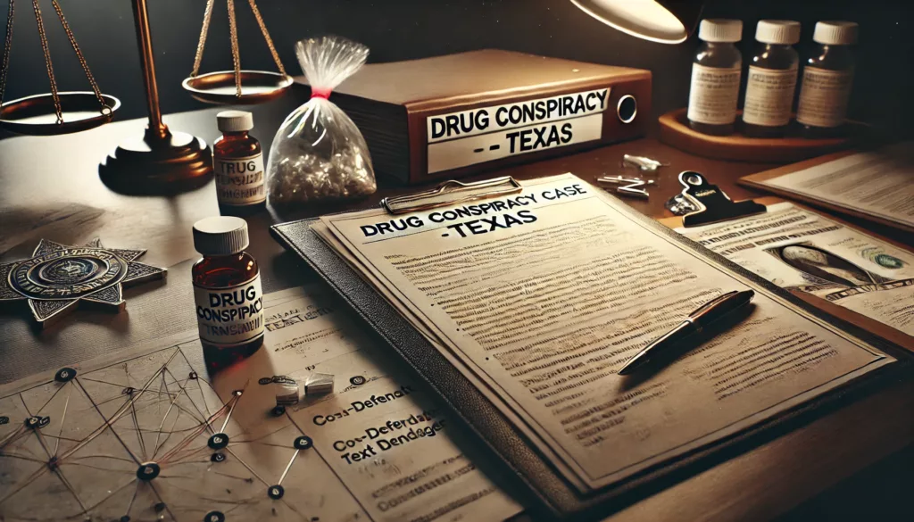 Conspiracy Charges in Drug Crime Cases 7 Courtroom desk with a criminal case folder labeled “Conspiracy,” text messages, and a map of co-defendant locations, symbolizing a Texas drug conspiracy case