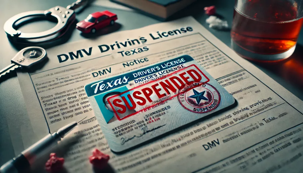 A Texas driver’s license with a ‘Suspended’ stamp, symbolizing the impact of drug convictions on driving privileges in Texas.