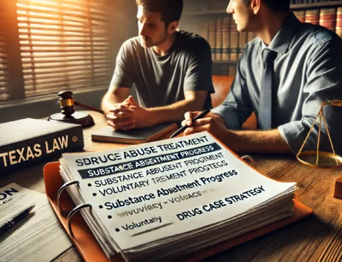 Two men discussing legal strategies for drug-related charges, with documents on the table labeled "Substance Abuse Treatment" and "Drug Case Strategy," in a law office setting featuring a Texas law book.