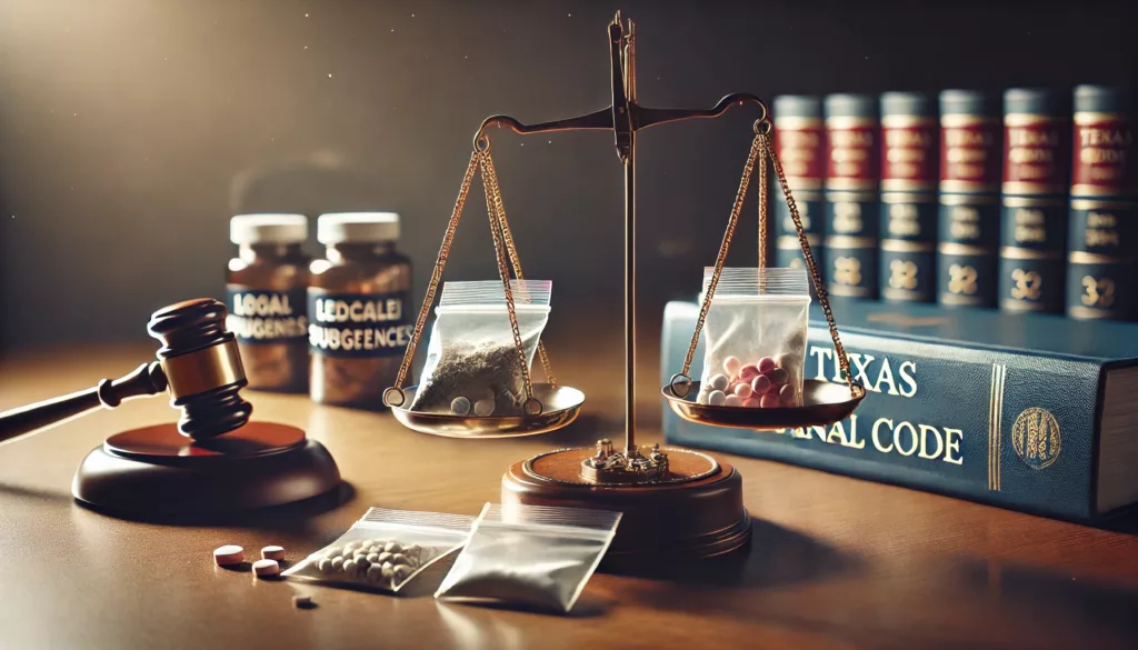 A desk with a lamp on a table, with drugs in pill bottles and baggies. Drugs are being weighed, signifying how drugs are classified.