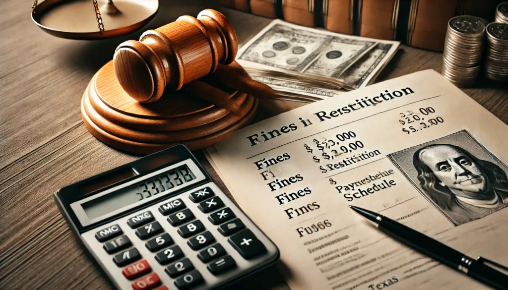 A judge’s gavel beside financial documents labeled ‘Fines’ and ‘Restitution’, symbolizing financial penalties in Texas drug convictions.